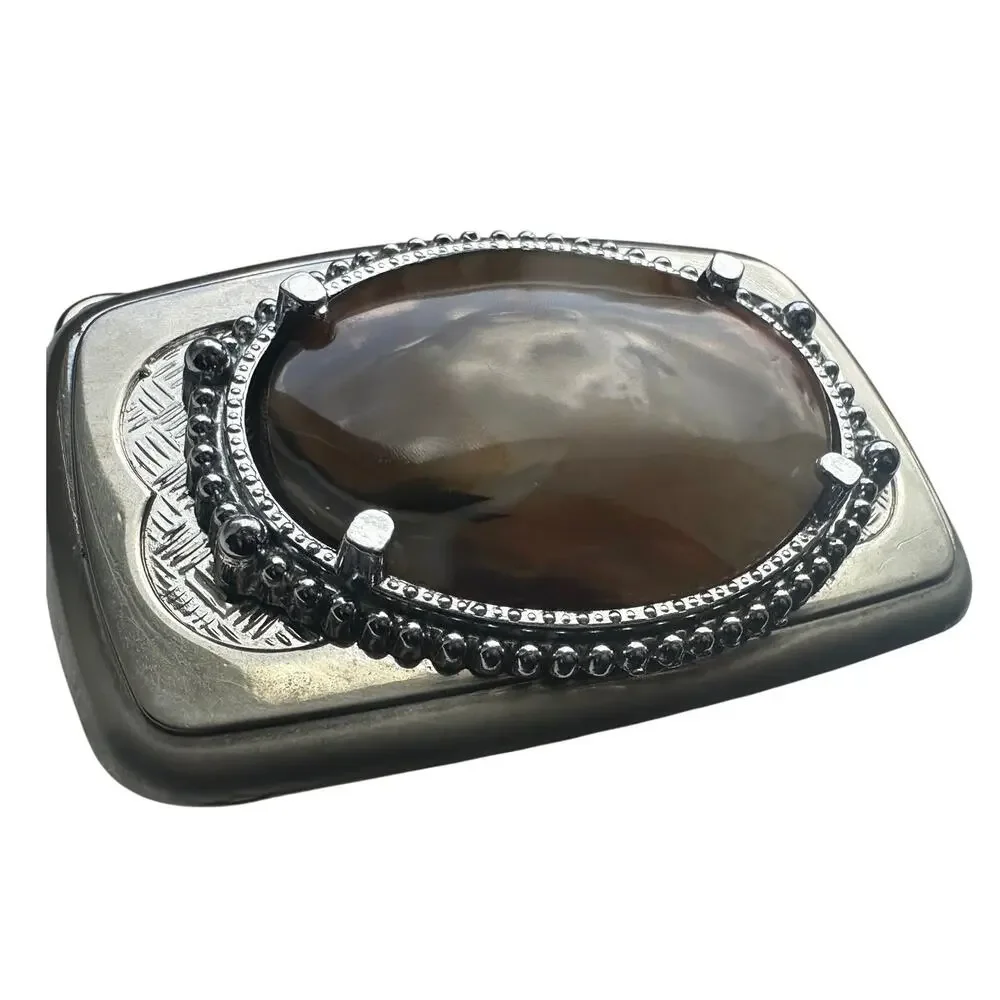 Belt Buckle Oval Brown Agate Silver Tone Western